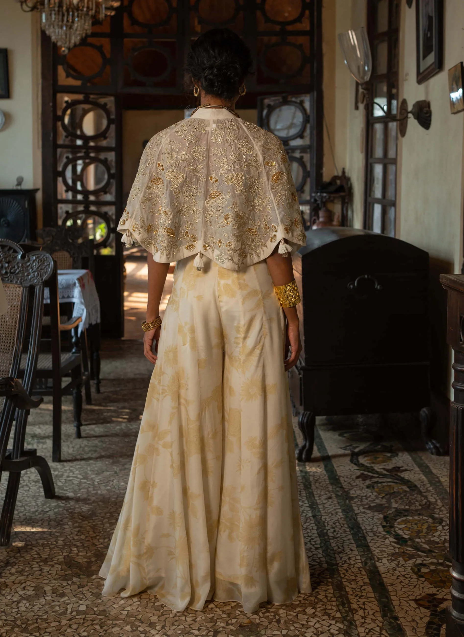 Ivory floral jumpsuit and cape set