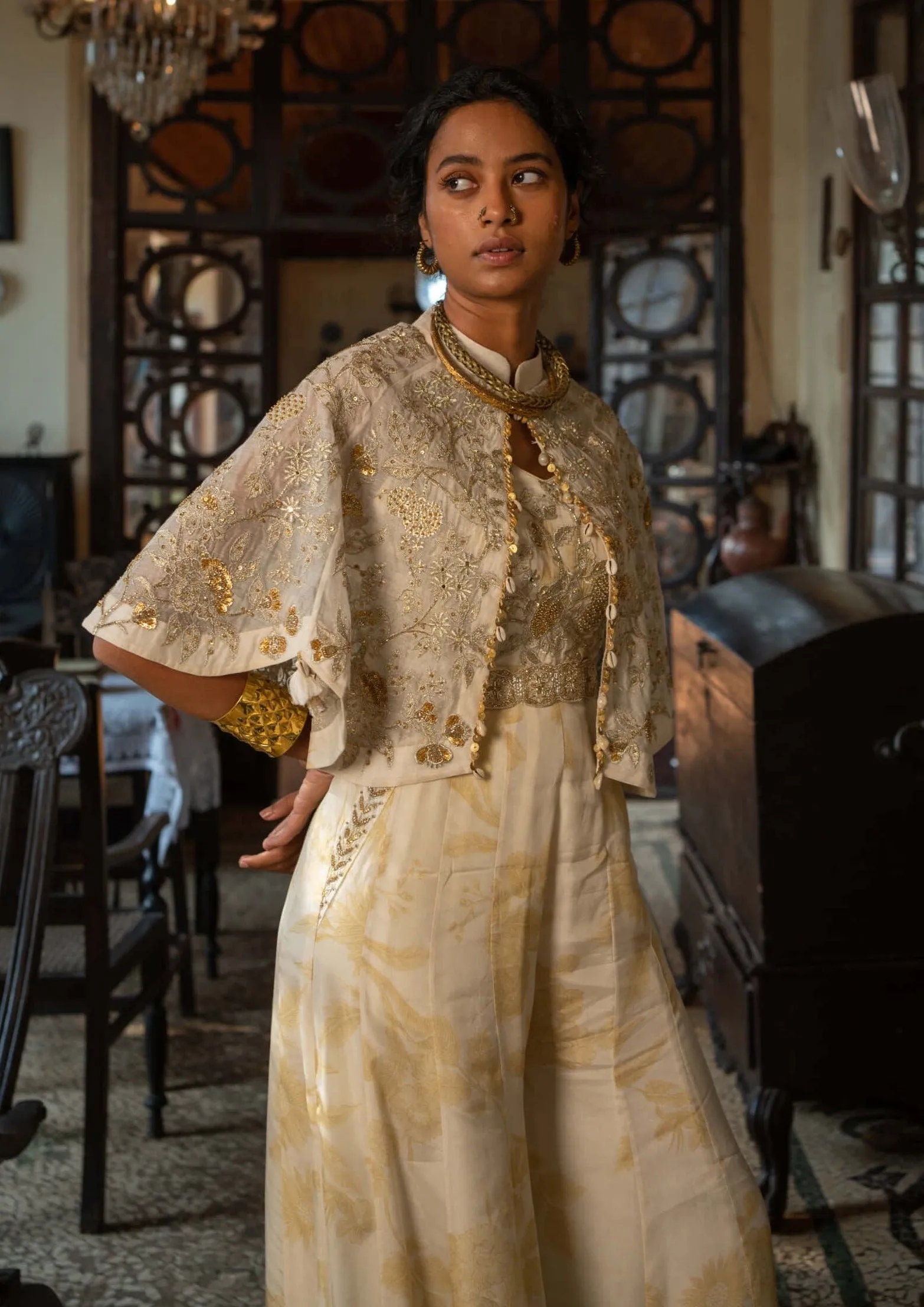 Ivory floral jumpsuit and cape set