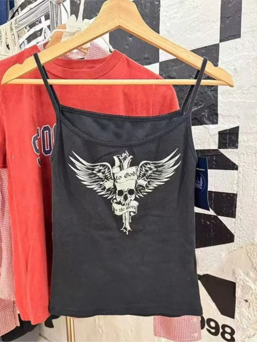 JazzHer Black Skull Print Sleeveless Vests Women Streetwear Casual Preppy Style Lace Trim Camis Clothes Vintage Chic Sweet Tank Tops Y2K