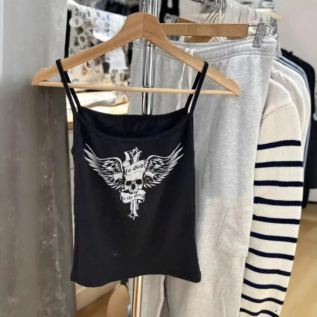 JazzHer Black Skull Print Sleeveless Vests Women Streetwear Casual Preppy Style Lace Trim Camis Clothes Vintage Chic Sweet Tank Tops Y2K