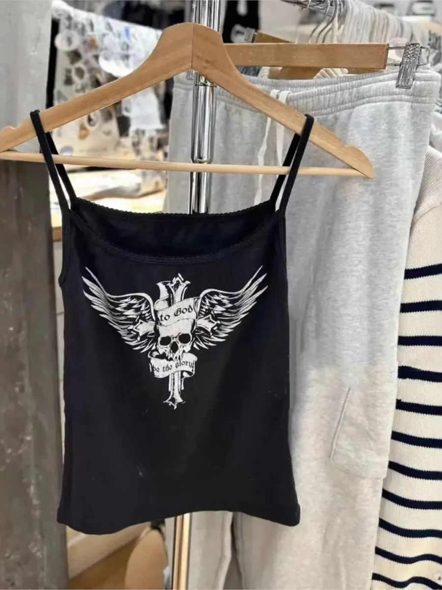JazzHer Black Skull Print Sleeveless Vests Women Streetwear Casual Preppy Style Lace Trim Camis Clothes Vintage Chic Sweet Tank Tops Y2K