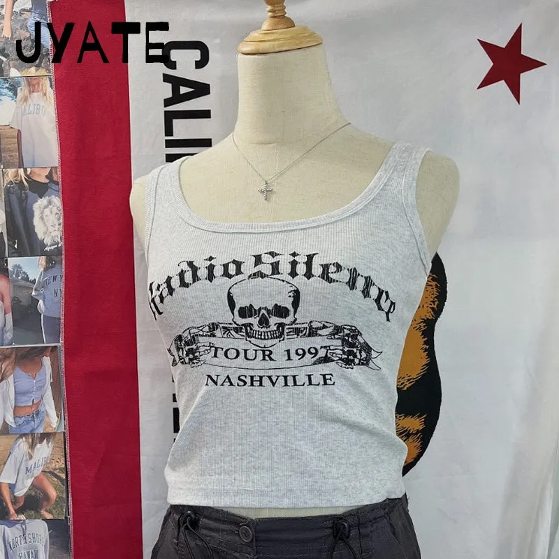 JazzHer Black Skull Print Sleeveless Vests Women Streetwear Casual Preppy Style Lace Trim Camis Clothes Vintage Chic Sweet Tank Tops Y2K