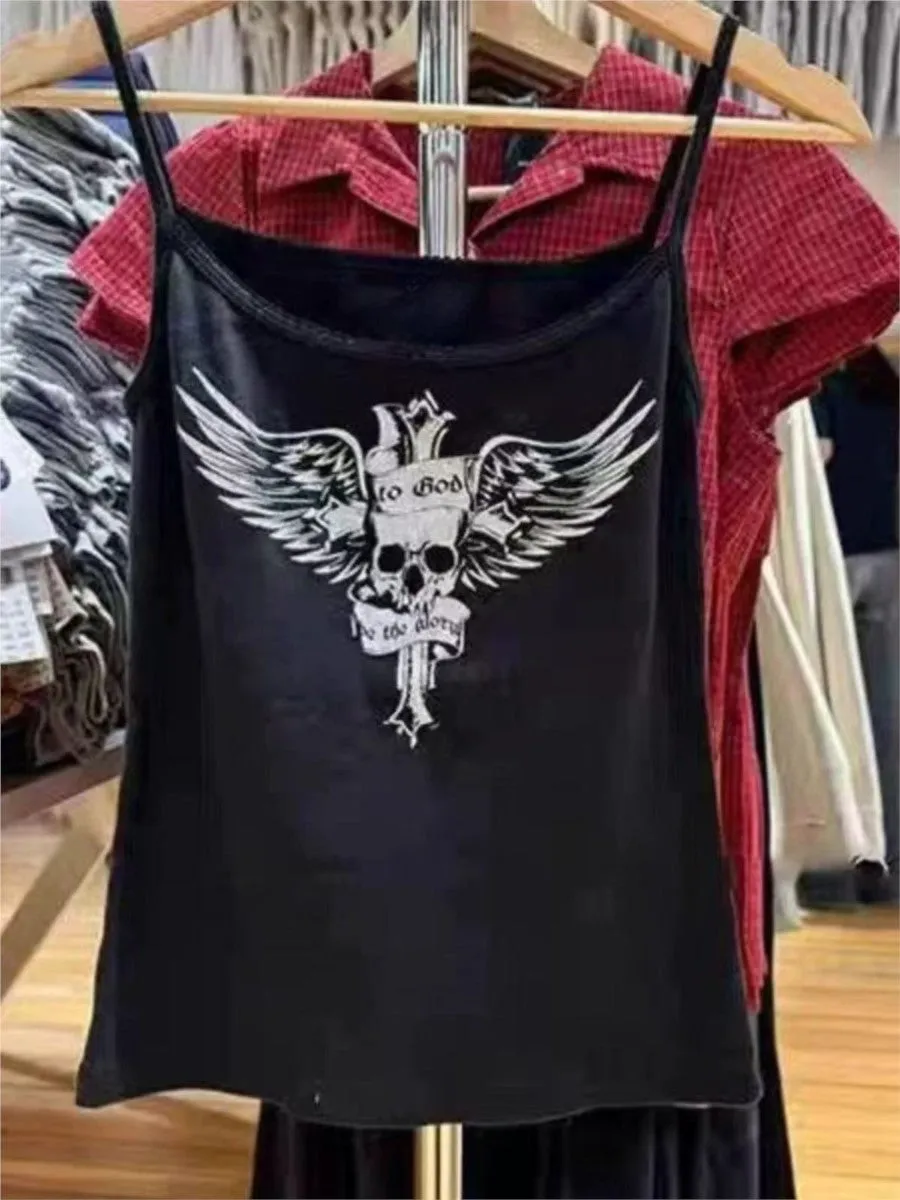 JazzHer Black Skull Print Sleeveless Vests Women Streetwear Casual Preppy Style Lace Trim Camis Clothes Vintage Chic Sweet Tank Tops Y2K
