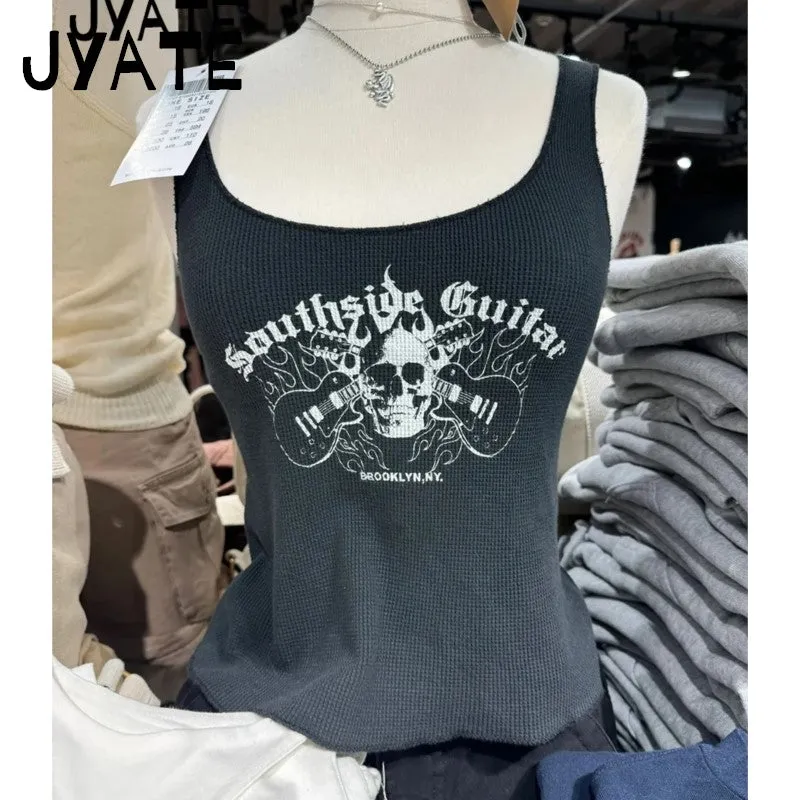 JazzHer Black Skull Print Sleeveless Vests Women Streetwear Casual Preppy Style Lace Trim Camis Clothes Vintage Chic Sweet Tank Tops Y2K