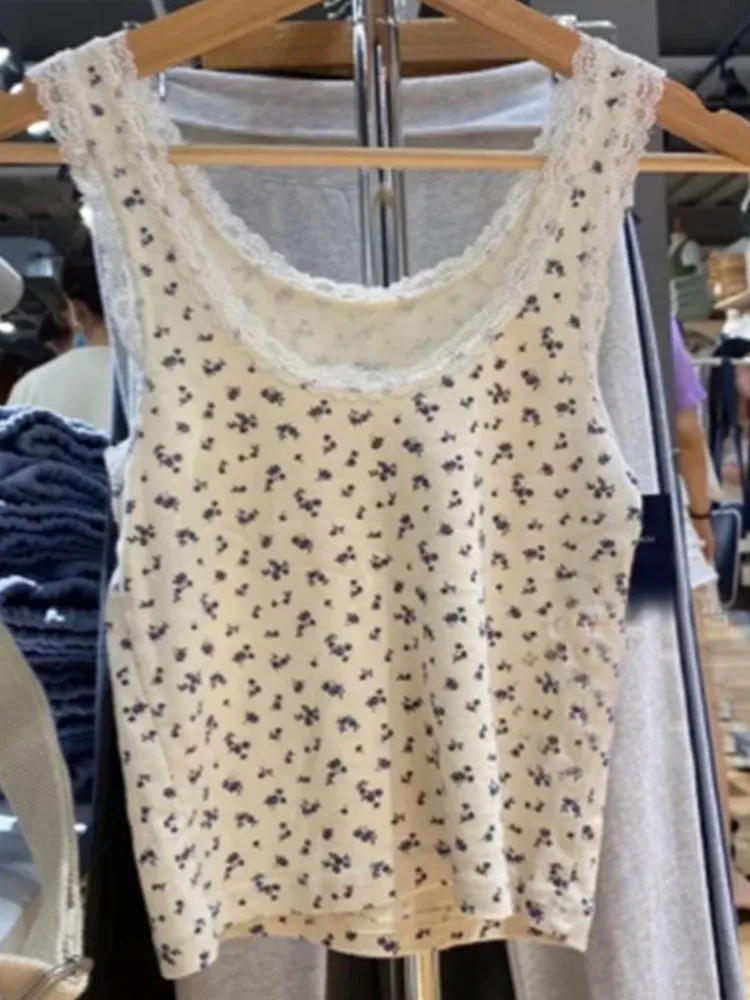 JazzHer Casual Women Beige Floral Print Slim Crop Top Summer Round Neck Short Sleeve Cotton T-shirts Female Sweet Chic Lace Trim Vests