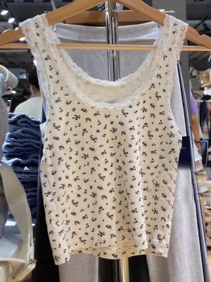 JazzHer Casual Women Beige Floral Print Slim Crop Top Summer Round Neck Short Sleeve Cotton T-shirts Female Sweet Chic Lace Trim Vests