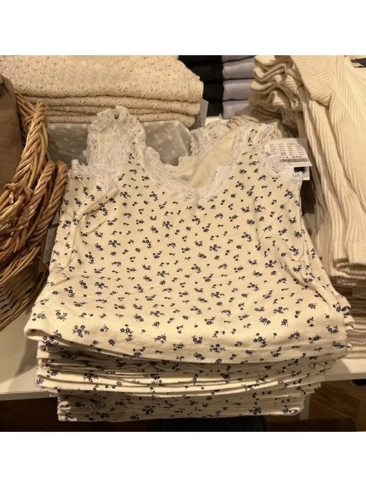 JazzHer Casual Women Beige Floral Print Slim Crop Top Summer Round Neck Short Sleeve Cotton T-shirts Female Sweet Chic Lace Trim Vests