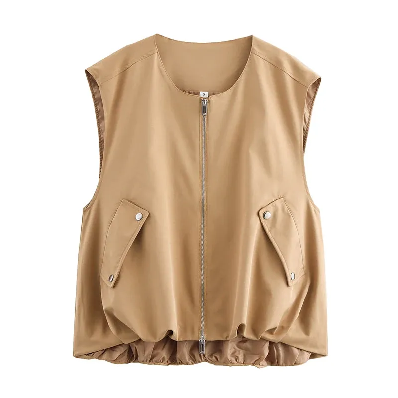 JazzHer Ladies Fashion Outdoor Style Waistcoat Women Coat Zipper O Neck Sleeveless Vest Female Outerwear Chic Women Jacket Vests Tops