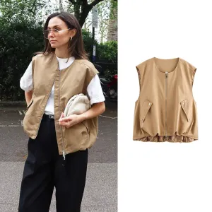 JazzHer Ladies Fashion Outdoor Style Waistcoat Women Coat Zipper O Neck Sleeveless Vest Female Outerwear Chic Women Jacket Vests Tops