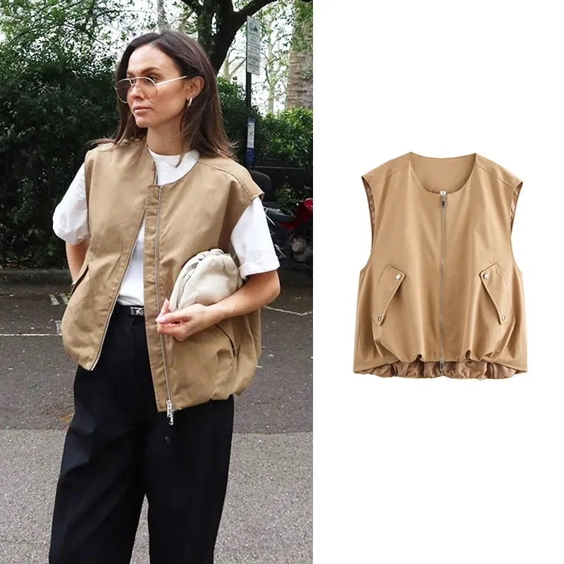 JazzHer Ladies Fashion Outdoor Style Waistcoat Women Coat Zipper O Neck Sleeveless Vest Female Outerwear Chic Women Jacket Vests Tops