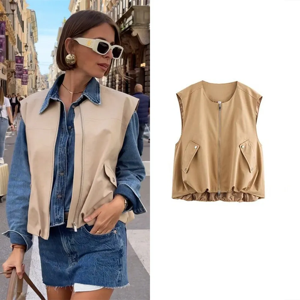 JazzHer Ladies Fashion Outdoor Style Waistcoat Women Coat Zipper O Neck Sleeveless Vest Female Outerwear Chic Women Jacket Vests Tops