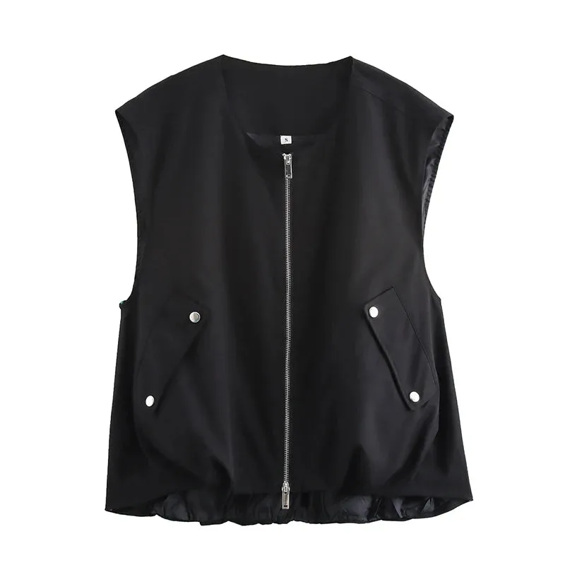 JazzHer Ladies Fashion Outdoor Style Waistcoat Women Coat Zipper O Neck Sleeveless Vest Female Outerwear Chic Women Jacket Vests Tops