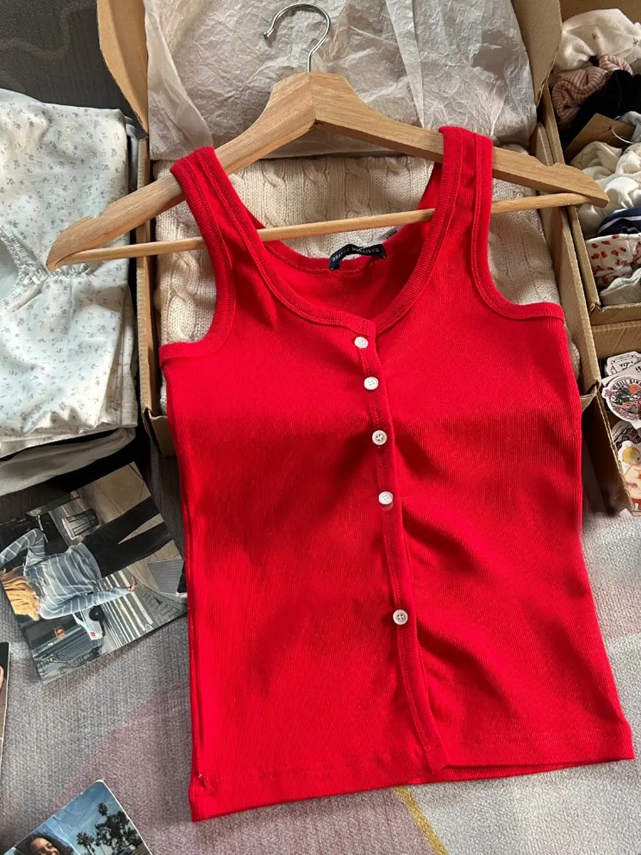 JazzHer Red All-match Buttons Slim Vests Women Summer Cotton Simple Streetwear Casual Sleeveless Tank Tops Sweet Vintage Chic Cute Camis