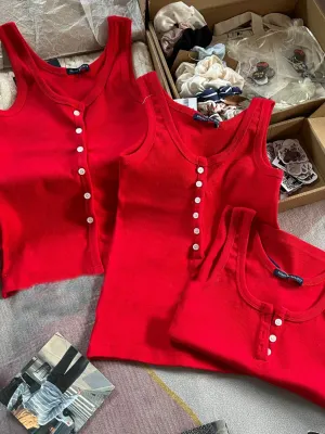 JazzHer Red All-match Buttons Slim Vests Women Summer Cotton Simple Streetwear Casual Sleeveless Tank Tops Sweet Vintage Chic Cute Camis