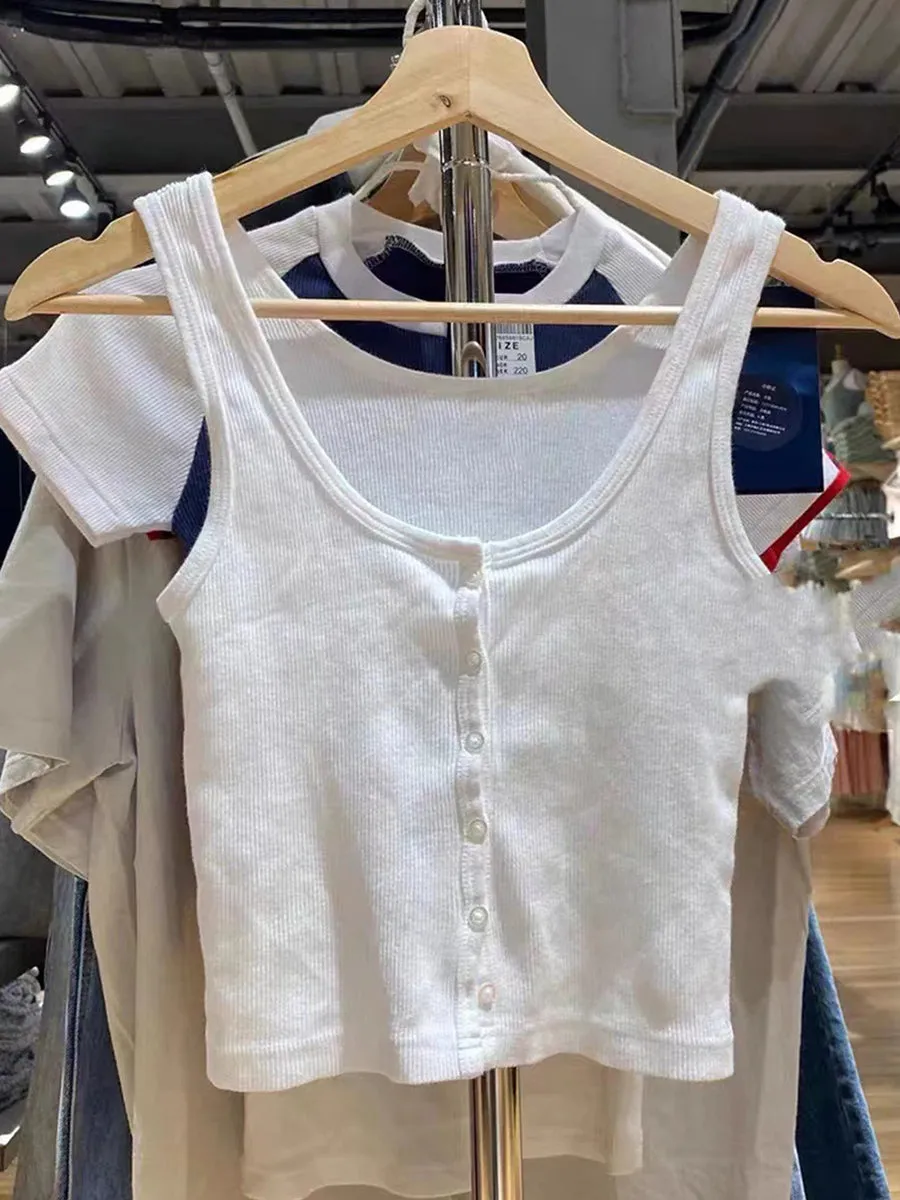 JazzHer Red All-match Buttons Slim Vests Women Summer Cotton Simple Streetwear Casual Sleeveless Tank Tops Sweet Vintage Chic Cute Camis