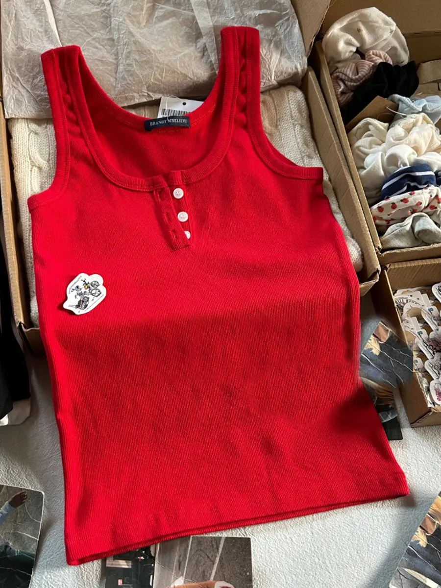 JazzHer Red All-match Buttons Slim Vests Women Summer Cotton Simple Streetwear Casual Sleeveless Tank Tops Sweet Vintage Chic Cute Camis