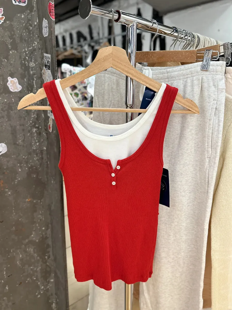 JazzHer Red All-match Buttons Slim Vests Women Summer Cotton Simple Streetwear Casual Sleeveless Tank Tops Sweet Vintage Chic Cute Camis