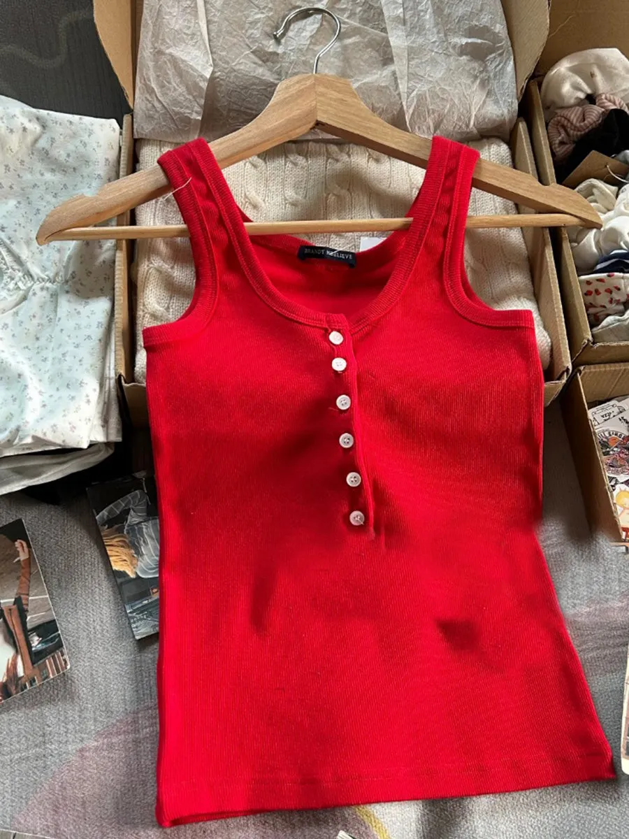JazzHer Red All-match Buttons Slim Vests Women Summer Cotton Simple Streetwear Casual Sleeveless Tank Tops Sweet Vintage Chic Cute Camis