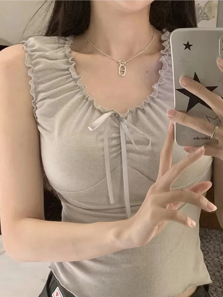JazzHer Sweet Folds Bow Tank Tops Women Vintage Ruffles V Neck Sleeveless Solid Slim Black Vests Summer Chic Cotton Blend Top Y2k