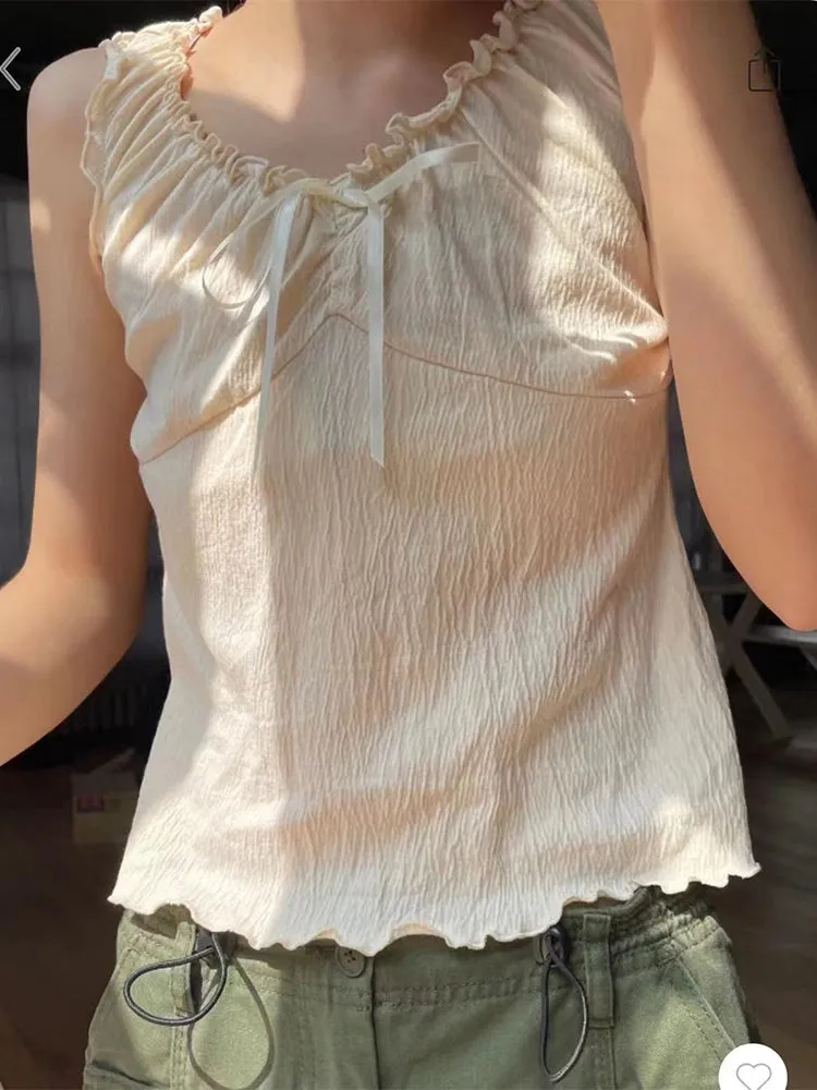 JazzHer Sweet Folds Bow Tank Tops Women Vintage Ruffles V Neck Sleeveless Solid Slim Black Vests Summer Chic Cotton Blend Top Y2k