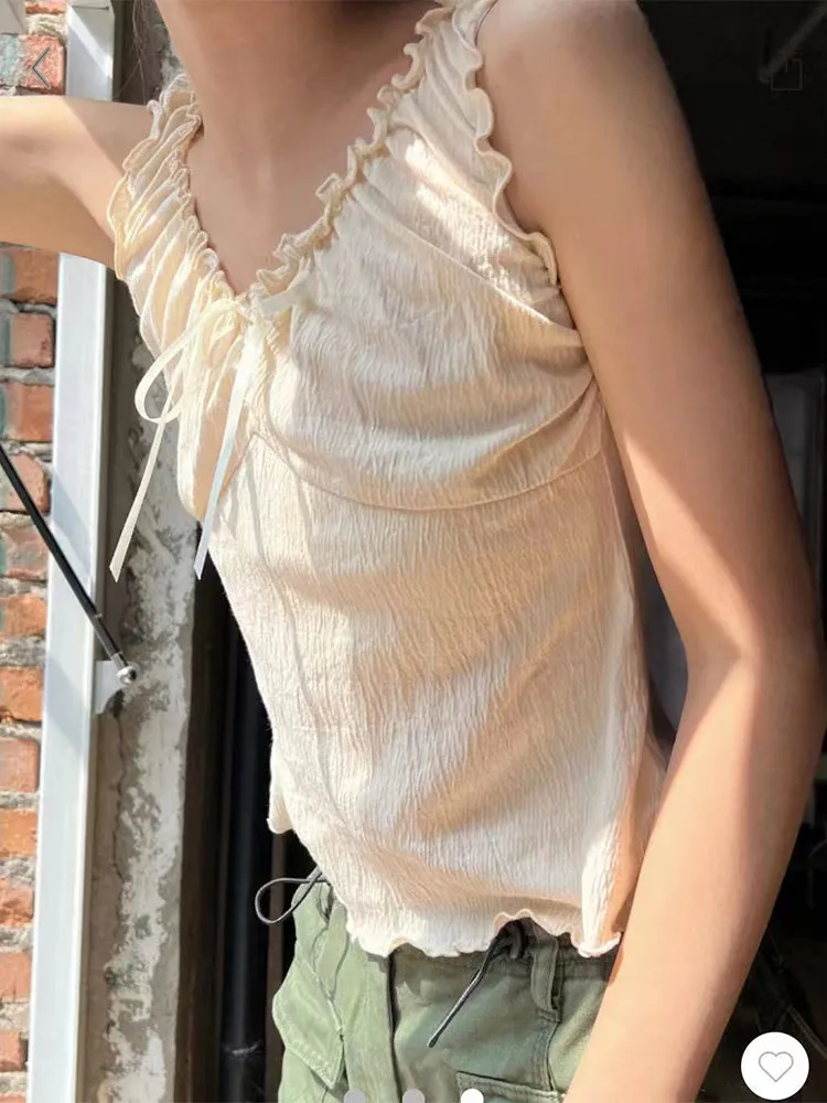 JazzHer Sweet Folds Bow Tank Tops Women Vintage Ruffles V Neck Sleeveless Solid Slim Black Vests Summer Chic Cotton Blend Top Y2k