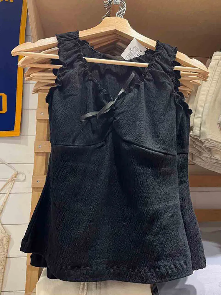 JazzHer Sweet Folds Bow Tank Tops Women Vintage Ruffles V Neck Sleeveless Solid Slim Black Vests Summer Chic Cotton Blend Top Y2k