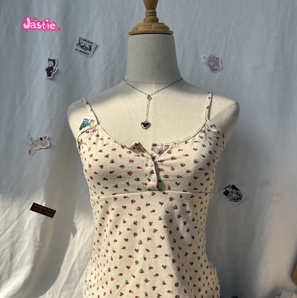 JazzHer Vintage Floral Print Button Sleeveless Vests Women Summer New Cotton Soft Lace Slim V-neck Tank Tops Sweet Cute Chic Camis Y2K