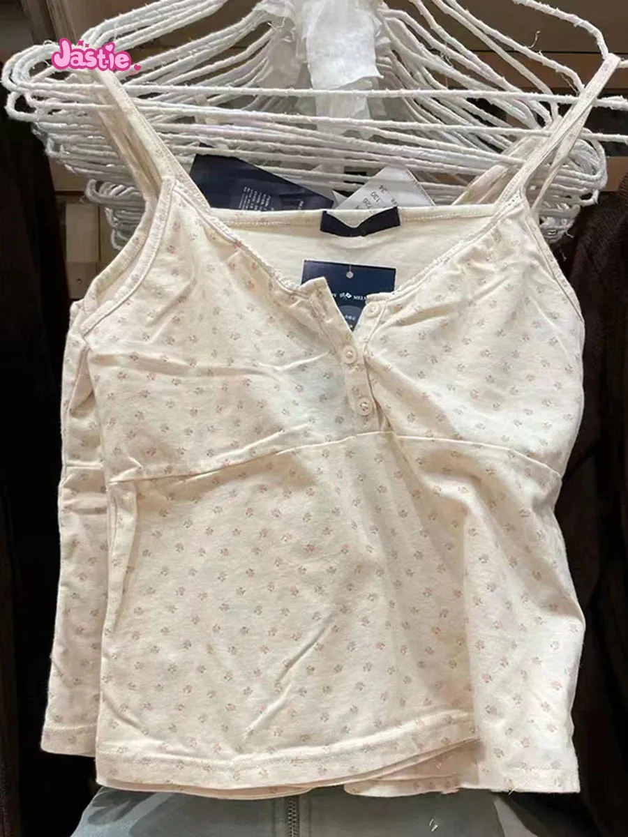JazzHer Vintage Floral Print Button Sleeveless Vests Women Summer New Cotton Soft Lace Slim V-neck Tank Tops Sweet Cute Chic Camis Y2K