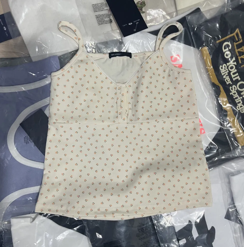 JazzHer Vintage Floral Print Button Sleeveless Vests Women Summer New Cotton Soft Lace Slim V-neck Tank Tops Sweet Cute Chic Camis Y2K