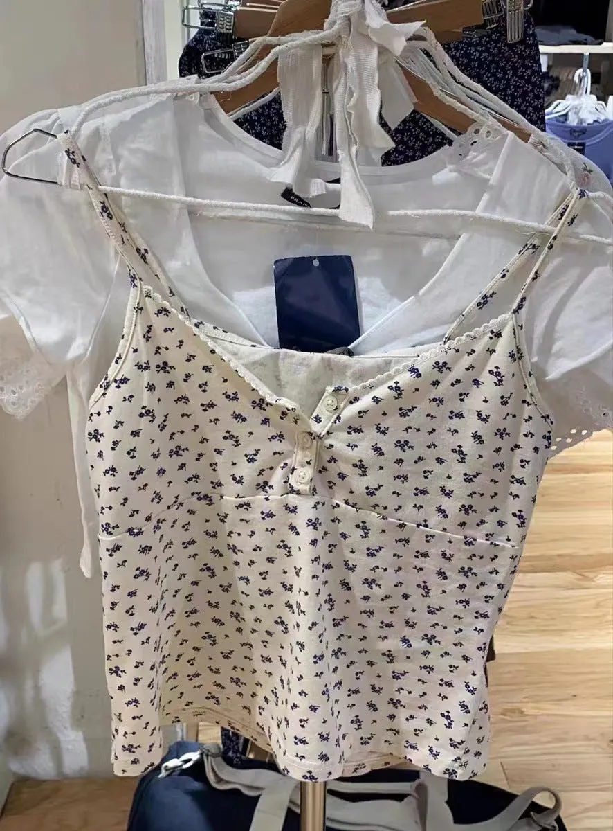 JazzHer Vintage Floral Print Button Sleeveless Vests Women Summer New Cotton Soft Lace Slim V-neck Tank Tops Sweet Cute Chic Camis Y2K
