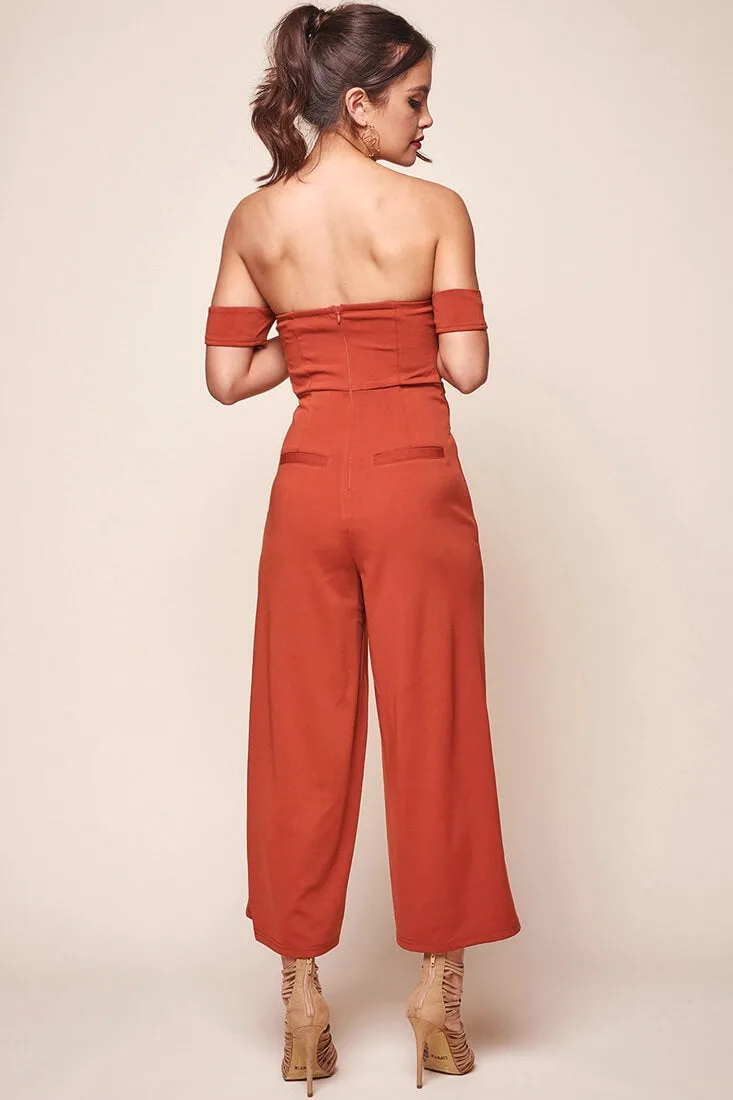 Joan Off the Shoulder Waist Tie Wide Leg Jumpsuit Rust