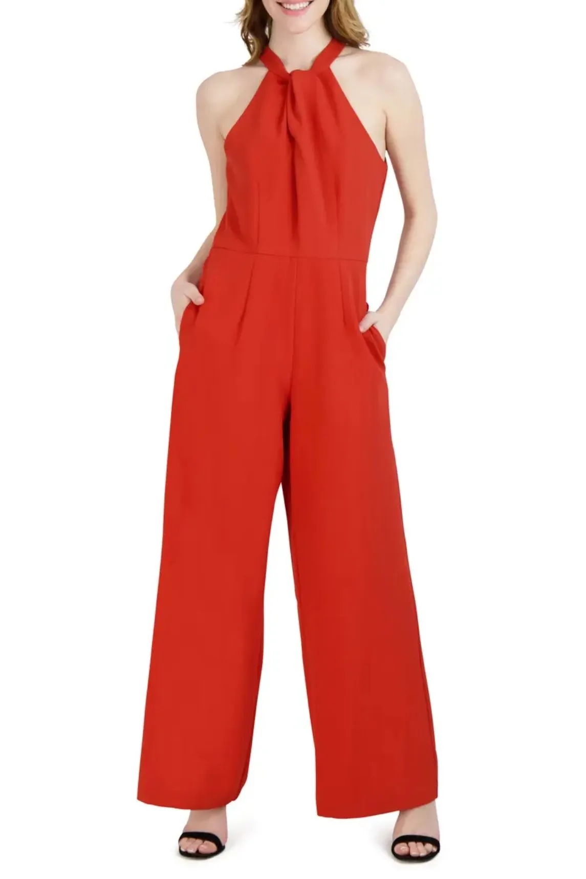 Julia Jordan Crossed Neck Keyhole Racerback Solid Crepe Jumpsuit