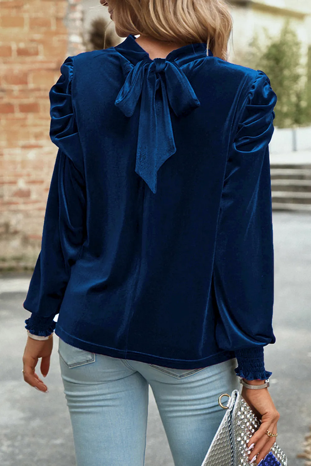 KaleaBoutique Fiery Mock Neck Puff Sleeve Velvet Blouse