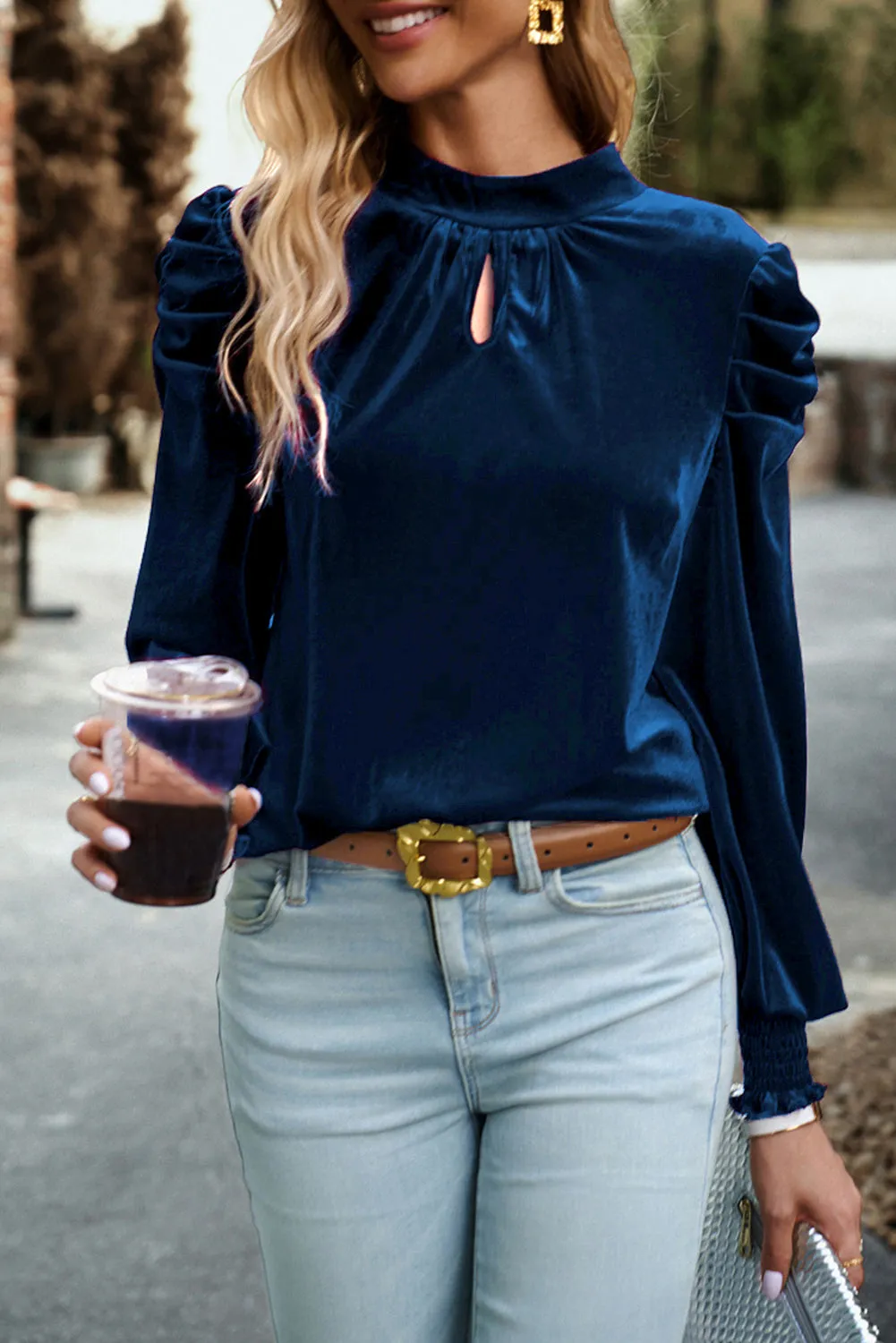 KaleaBoutique Fiery Mock Neck Puff Sleeve Velvet Blouse