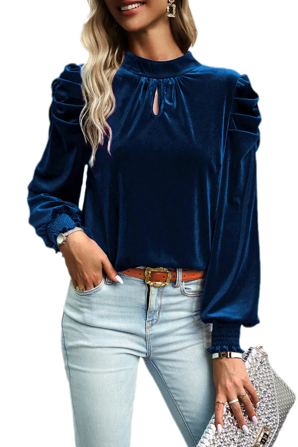 KaleaBoutique Fiery Mock Neck Puff Sleeve Velvet Blouse