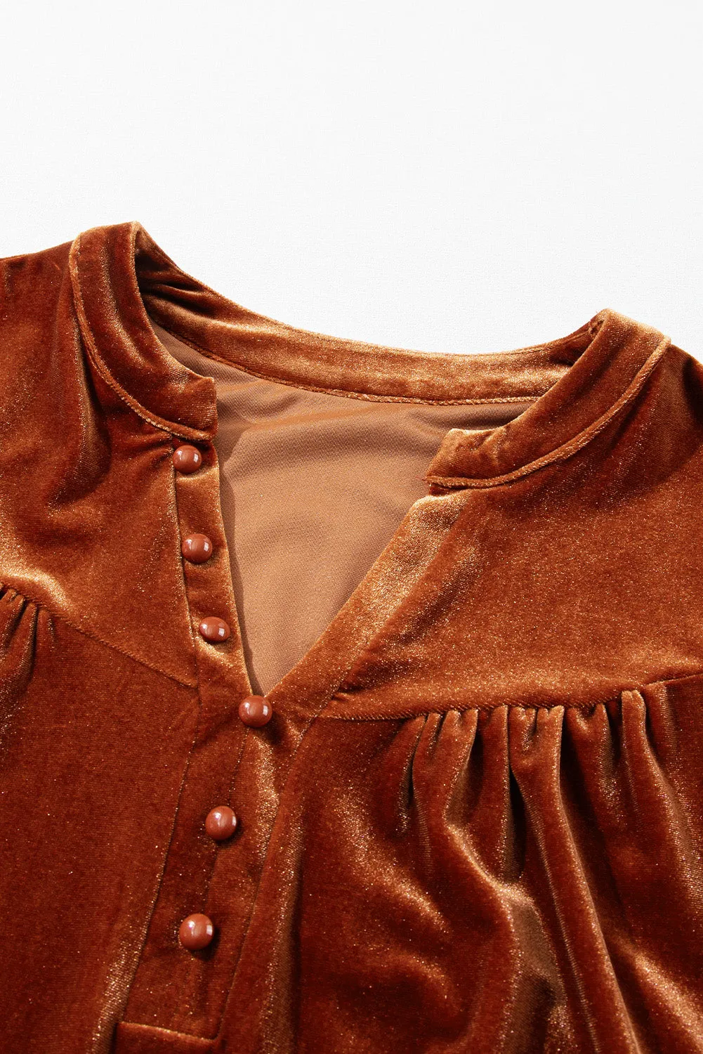 KaleaBoutique Lantern Sleeve Beaded Split V Neck Velvet Top