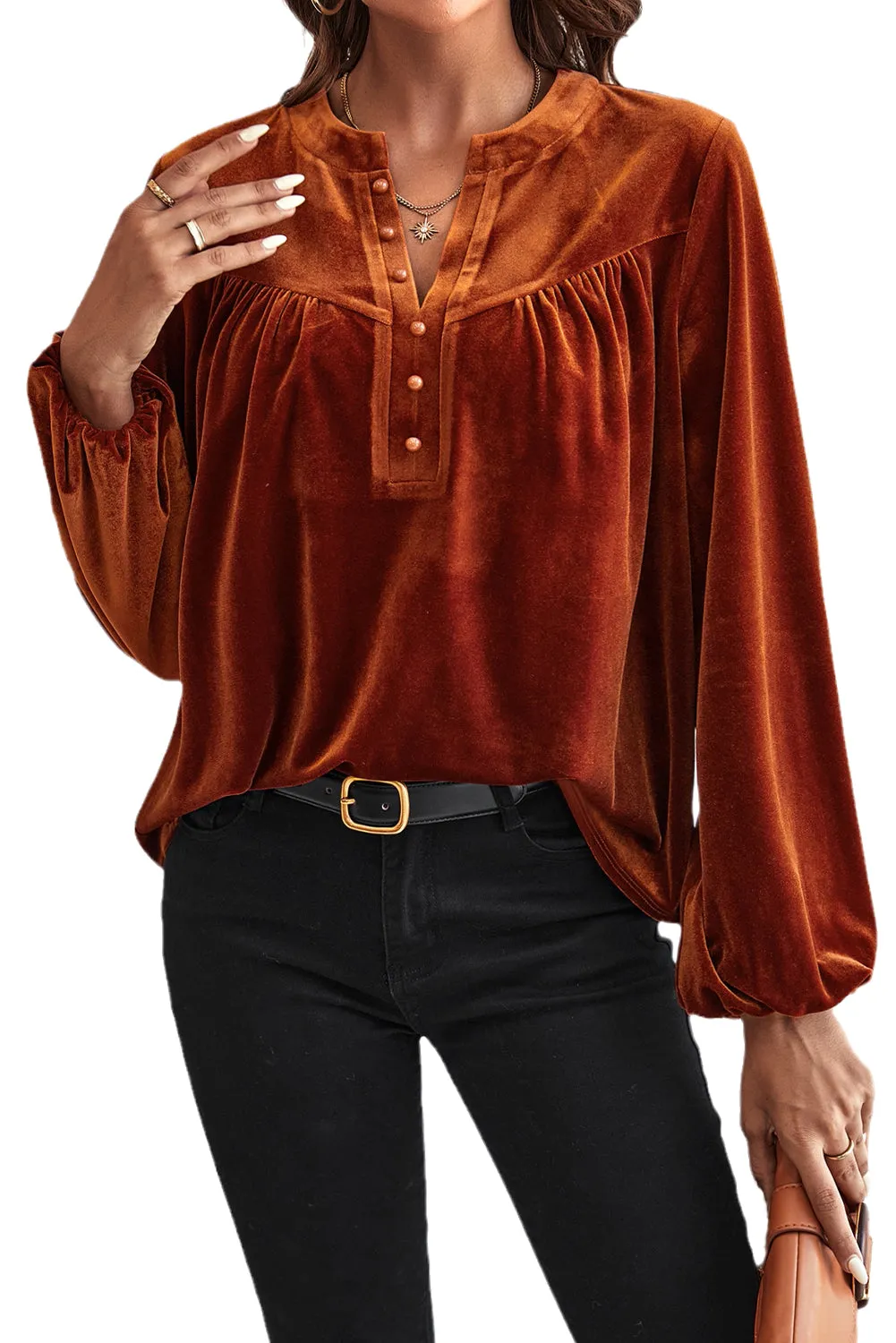 KaleaBoutique Lantern Sleeve Beaded Split V Neck Velvet Top