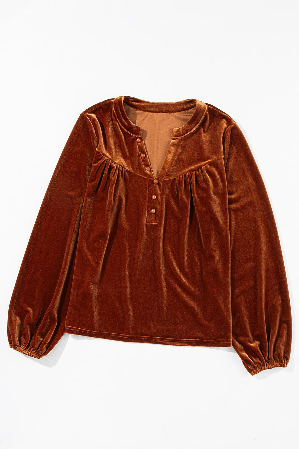 KaleaBoutique Lantern Sleeve Beaded Split V Neck Velvet Top