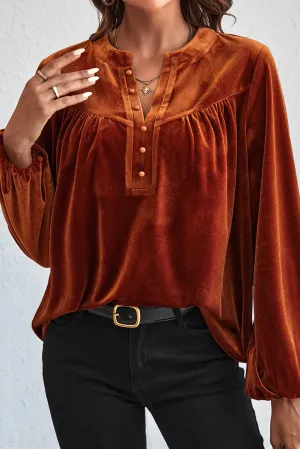 KaleaBoutique Lantern Sleeve Beaded Split V Neck Velvet Top