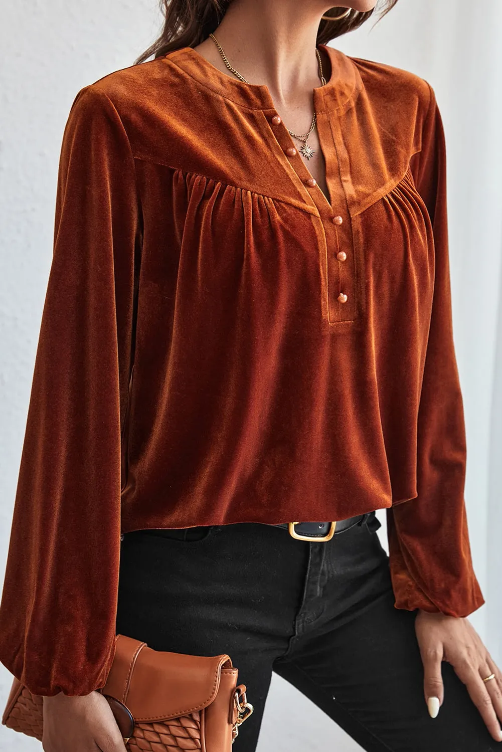 KaleaBoutique Lantern Sleeve Beaded Split V Neck Velvet Top