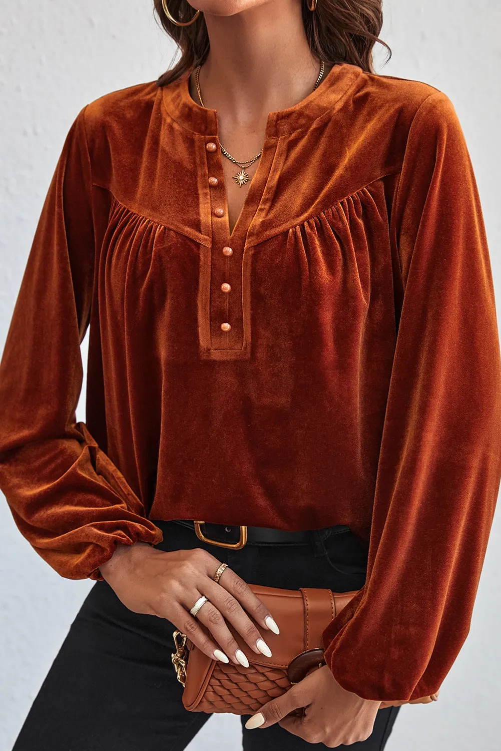 KaleaBoutique Lantern Sleeve Beaded Split V Neck Velvet Top
