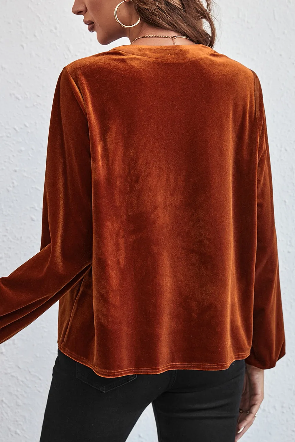 KaleaBoutique Lantern Sleeve Beaded Split V Neck Velvet Top