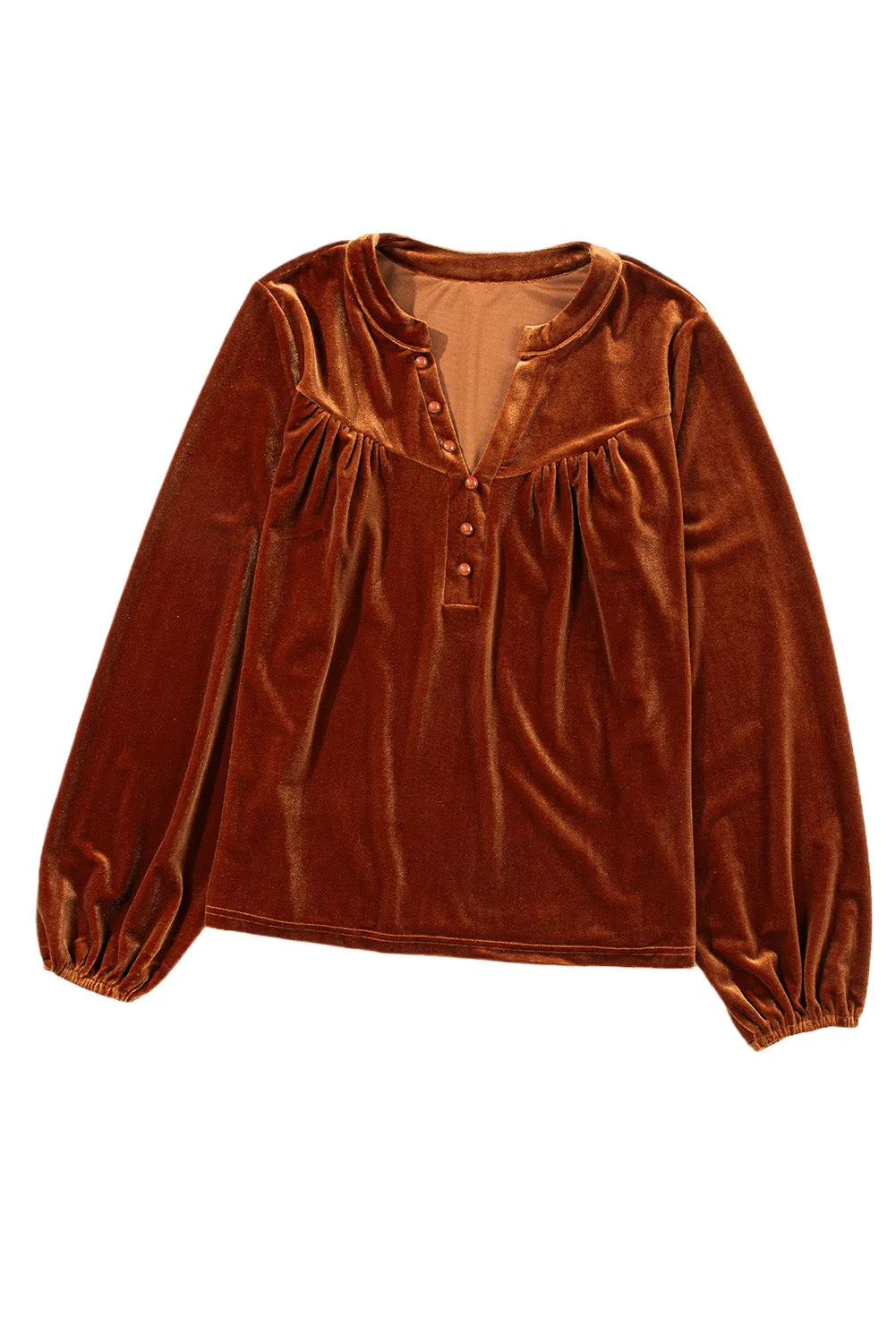 KaleaBoutique Lantern Sleeve Beaded Split V Neck Velvet Top