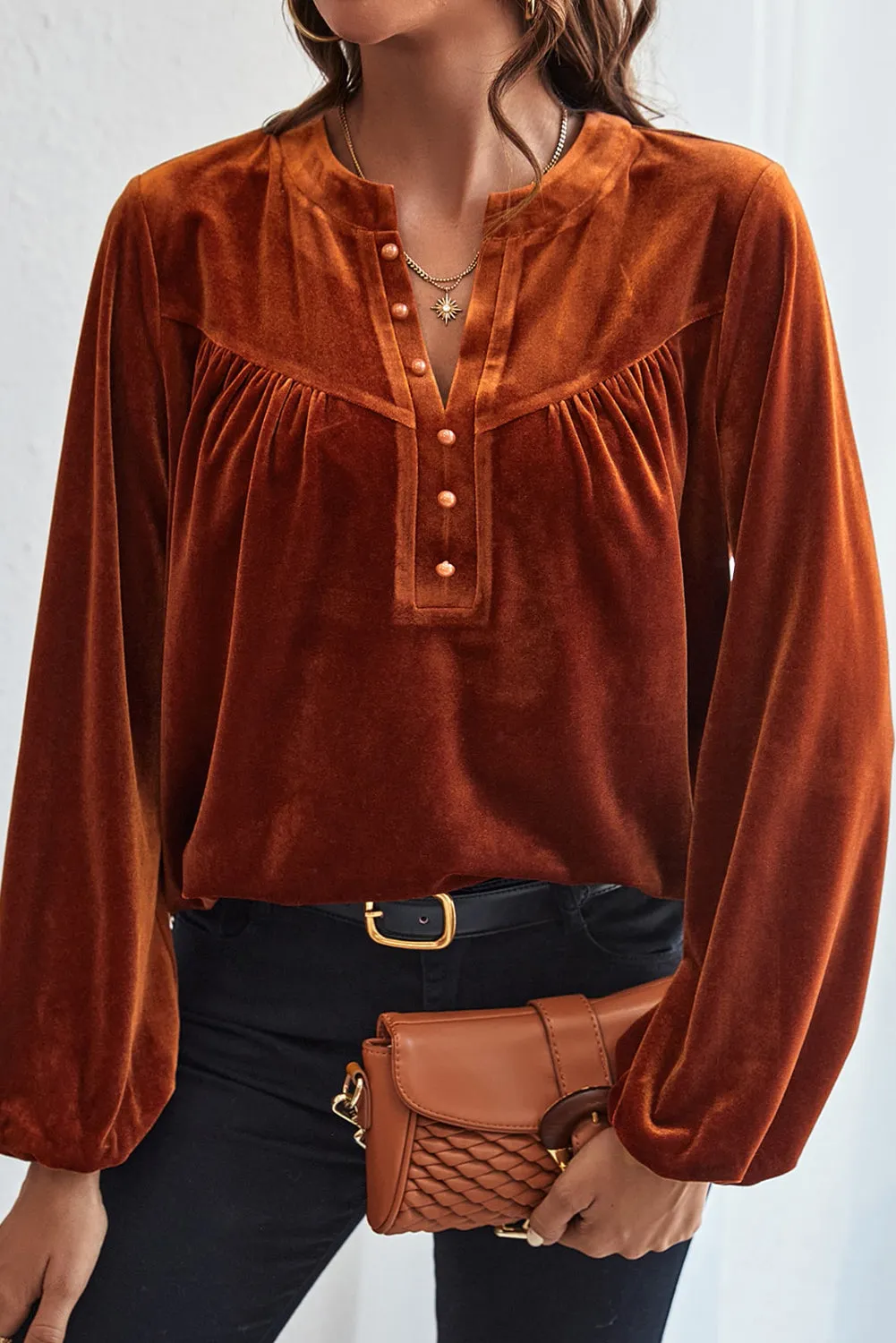 KaleaBoutique Lantern Sleeve Beaded Split V Neck Velvet Top