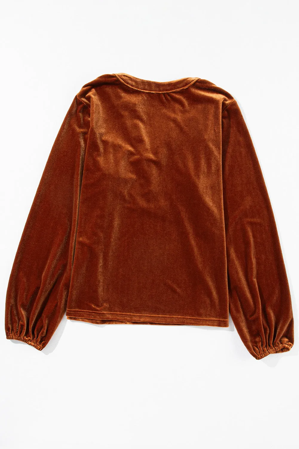 KaleaBoutique Lantern Sleeve Beaded Split V Neck Velvet Top