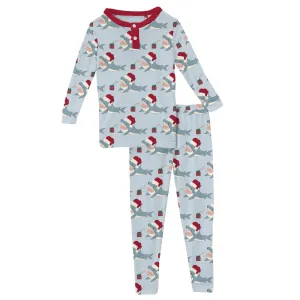 Kickee Pants Illusion Blue Holiday Sharks Print Long Sleeve Henley Pajama Set