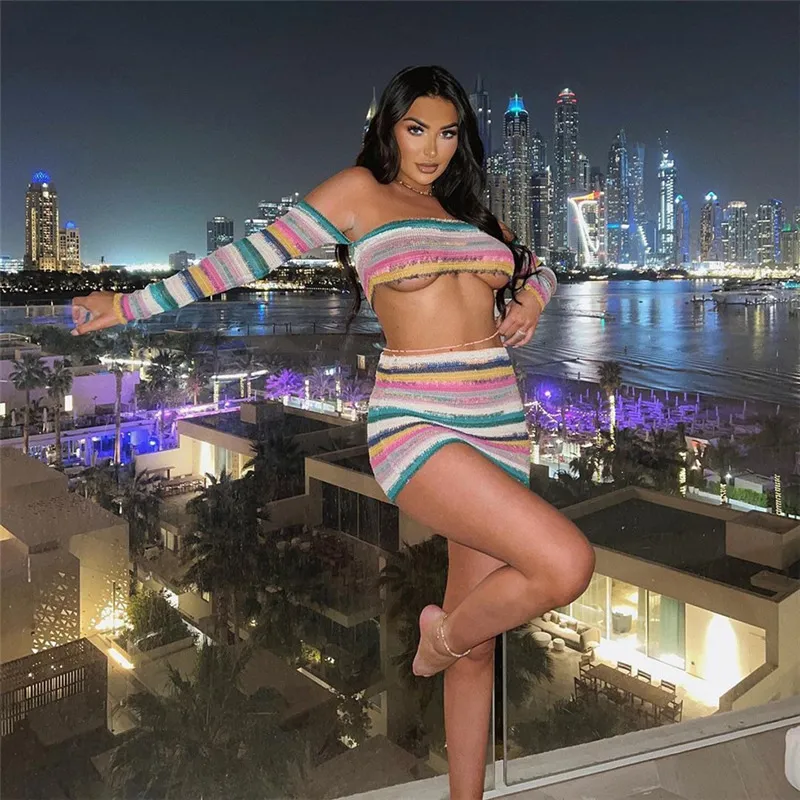 Knitted Off Shoulder Crop Top & Mini Skirt Set - Color Blocking, Long Sleeves - Polyester/Spandex