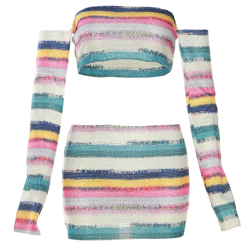 Knitted Off Shoulder Crop Top & Mini Skirt Set - Color Blocking, Long Sleeves - Polyester/Spandex