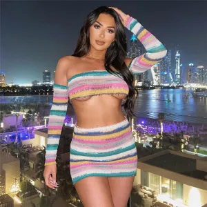 Knitted Off Shoulder Crop Top & Mini Skirt Set - Color Blocking, Long Sleeves - Polyester/Spandex