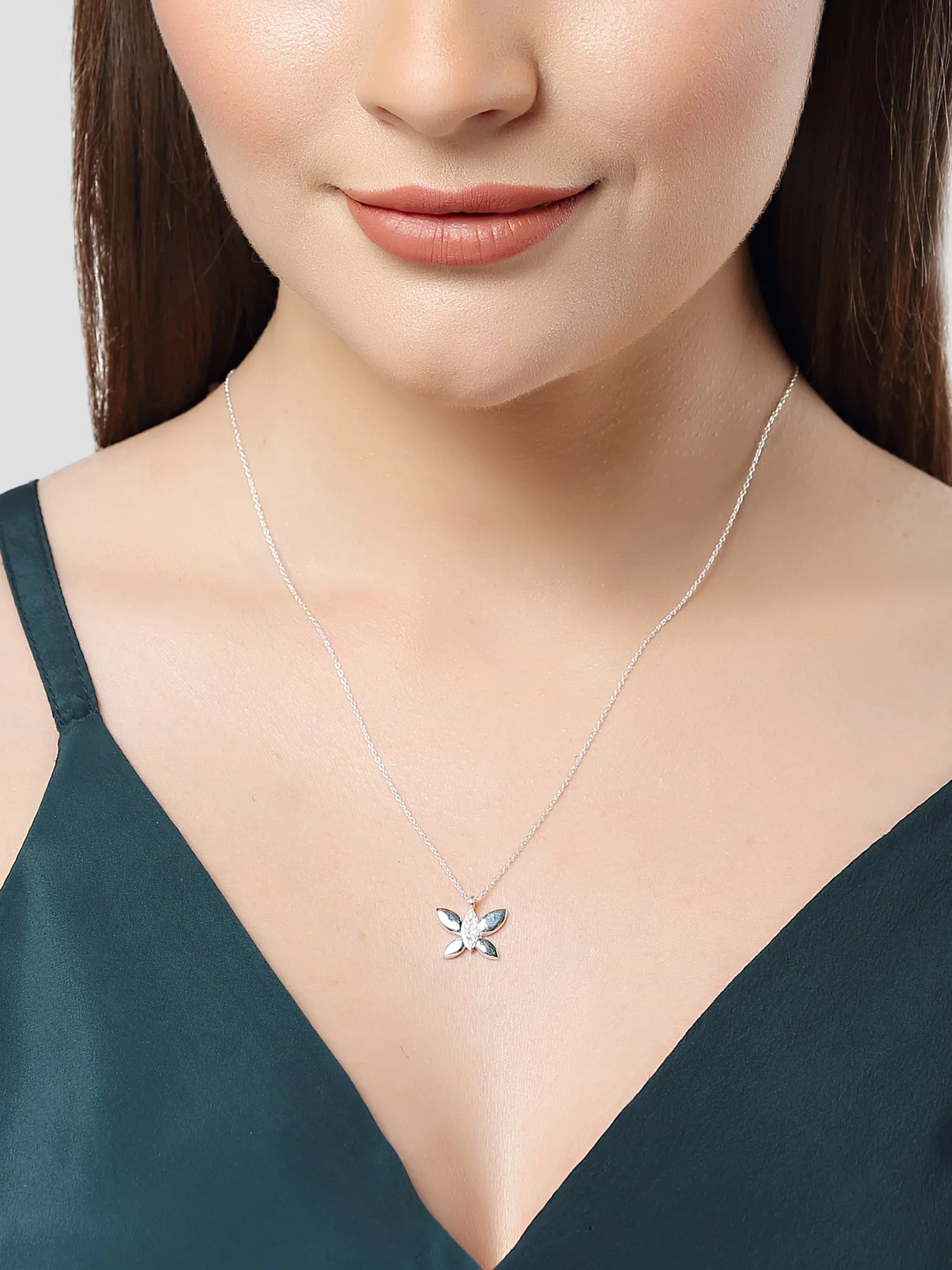KUNUZ 925 Sterling Silver Butterfly Shape Pendant Studded with CZ for Women